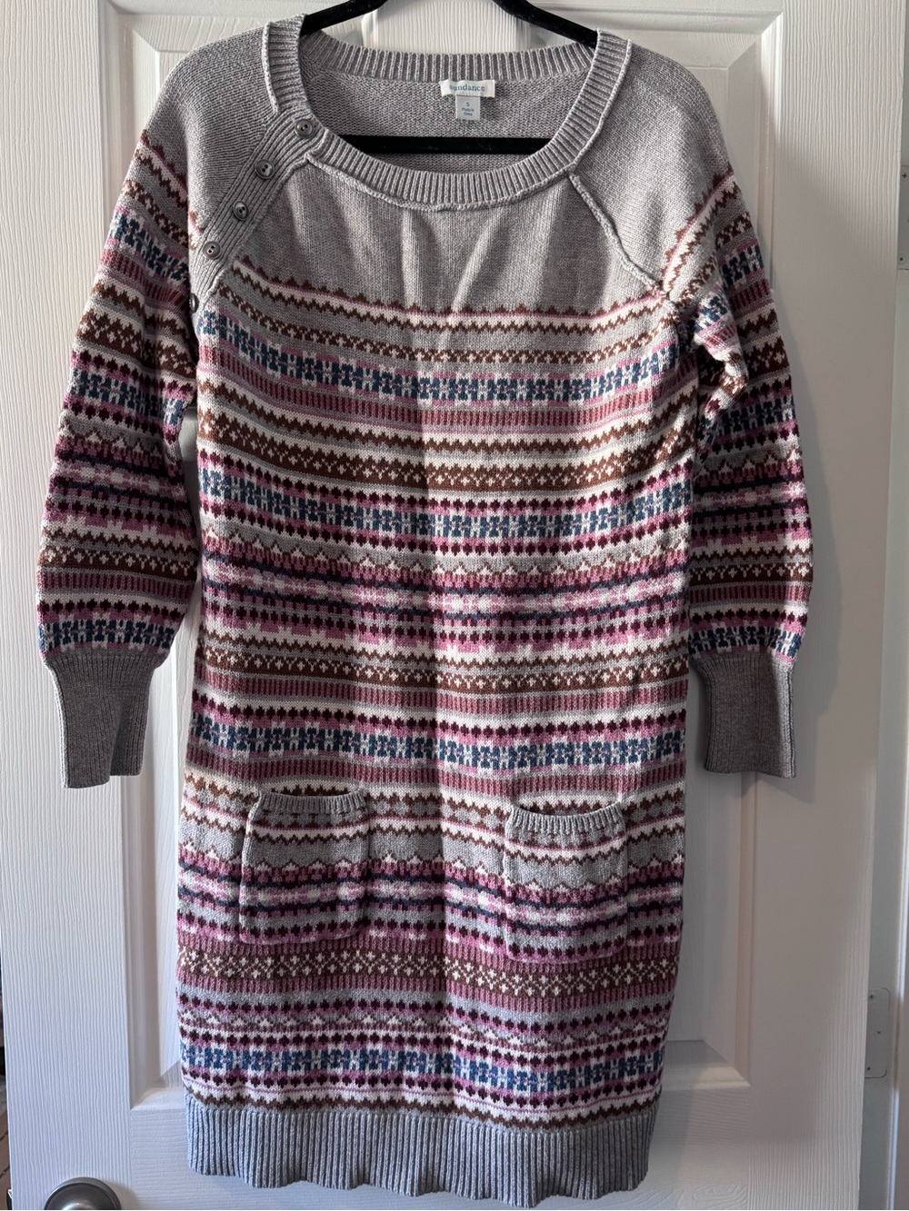Sundance Fair Isle Sweater Dress S Gray Wool Blend Pockets Button Shoulder